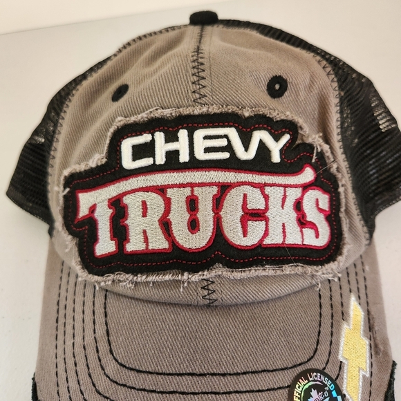 Chevy Trucks Raised Embroidery Distressed Ball Cap Hat Gray Snapback Trucker Men - Picture 2 of 6